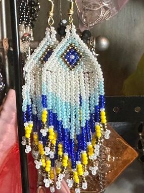 Handcrafted Beaded Fringe Earrings in Blue, Yellow & White